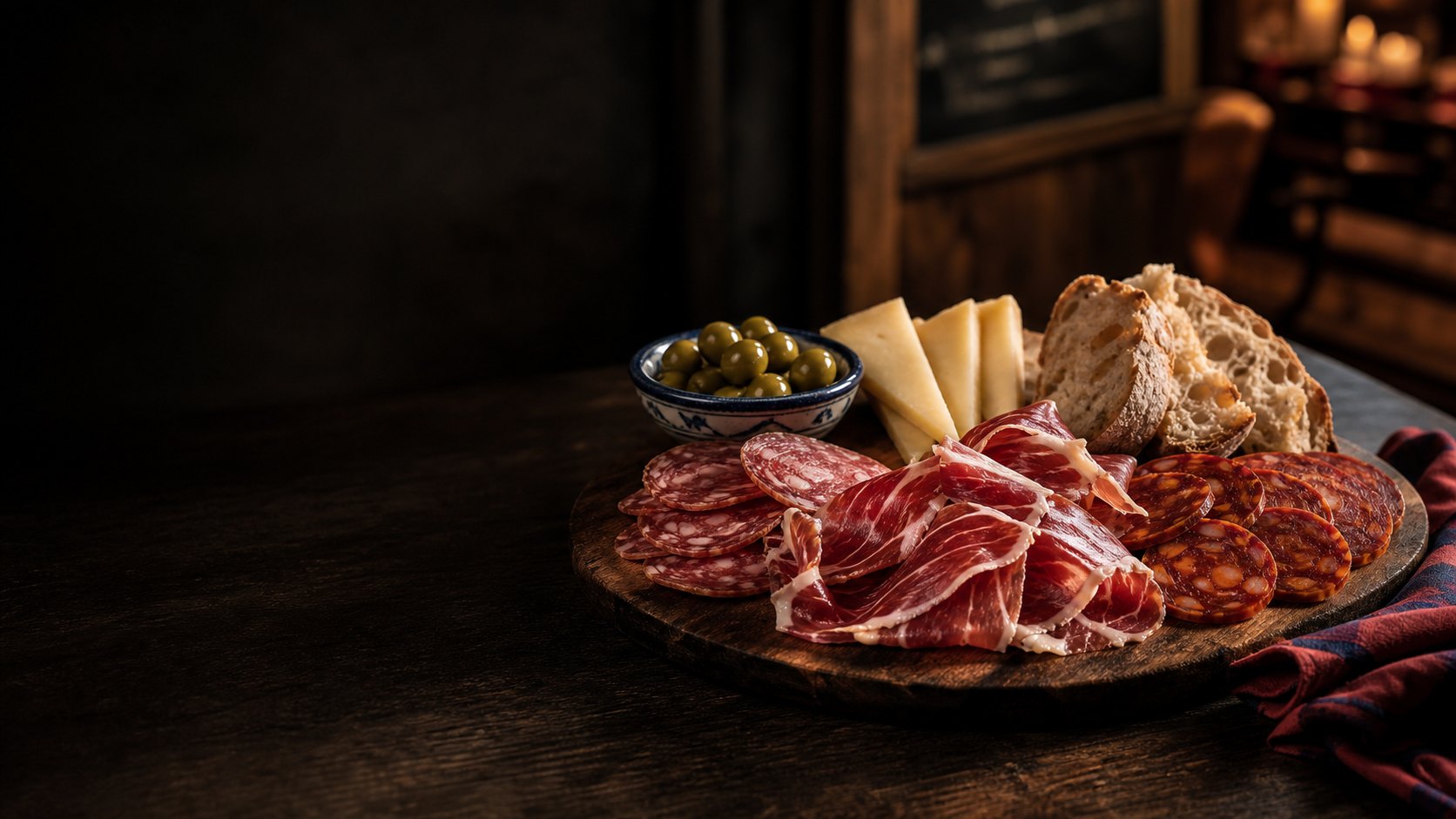 Tabla de ibéricos, queso manchego, pan y aceitunas en Chiquito Bar-Restaurante